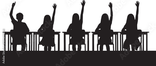 Silhouette of five students with hands raised sitting at desks in a classroom on a white background school on transparent background