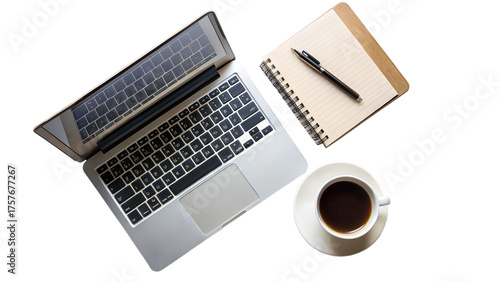 Laptop, notebook, pen and cup of coffee isolated on transparent background, top view