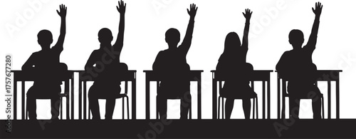 Silhouette of students with raised hands sitting at desks in a classroom school education on transparent background