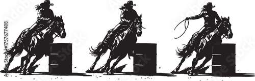 Three silhouettes of cowgirls riding horses around barrels in a rodeo on a white background barrel racing on transparent background