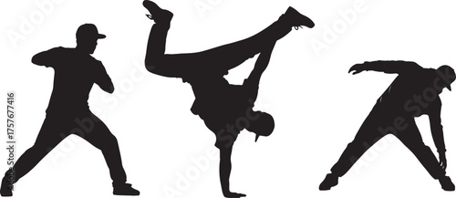 Three Silhouettes of Breakdancers in Dynamic Poses on White Background breakdancing hip hop on transparent background