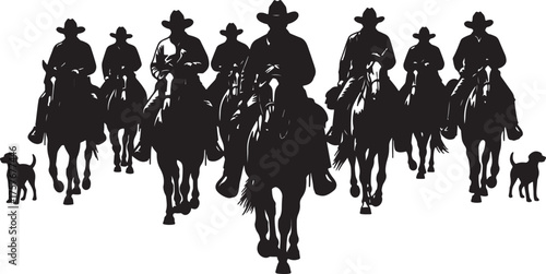 Silhouettes of seven cowboys on horseback with dogs on white background illustration whisk on transparent background
