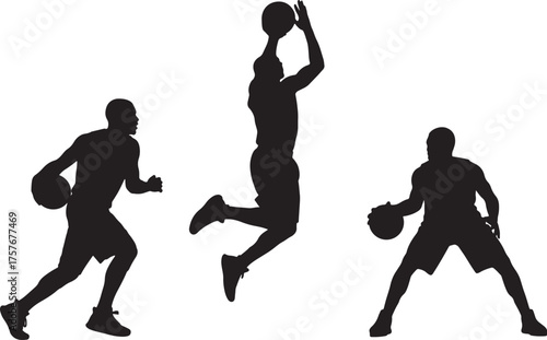 Three silhouettes of basketball players in action with basketballs on a white background dribbling shooting on transparent background