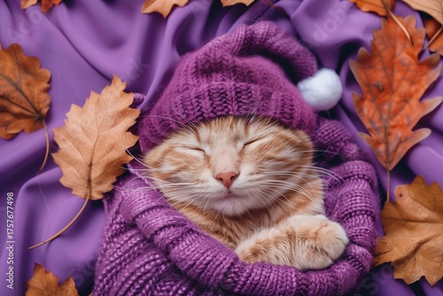 Adorable Ginger Kitten Wearing Purple Knit Hat with Autumn Leaves on Purple Background.
