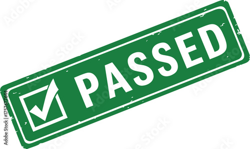 A green passed stamp with a check mark. The stamp is in the shape of a rectangle and has the word PASSED written across it in white letters. The background is white.