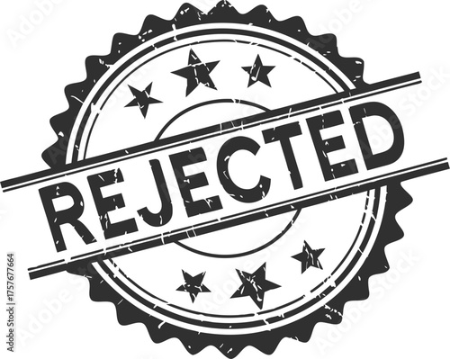 A black rejected stamp with a grunge texture. The stamp is in the shape of a circle and has the word REJECTED written across it in white letters. The background is white.