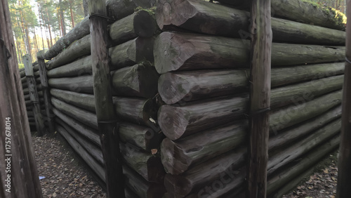 Lappeenranta.Finland-September 28.2020: Big woods as fence on the Salpa Line Fortification bunker underground in the forest. Bunker line. 