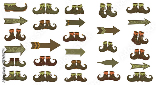 Vector art of collection of elf shoes and arrows on a