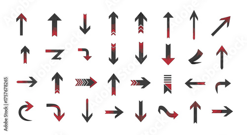 Vector art of collection of red and black arrows pointing in various directions