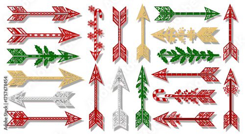 Vector art of collection of festive arrows in red, green, and gold