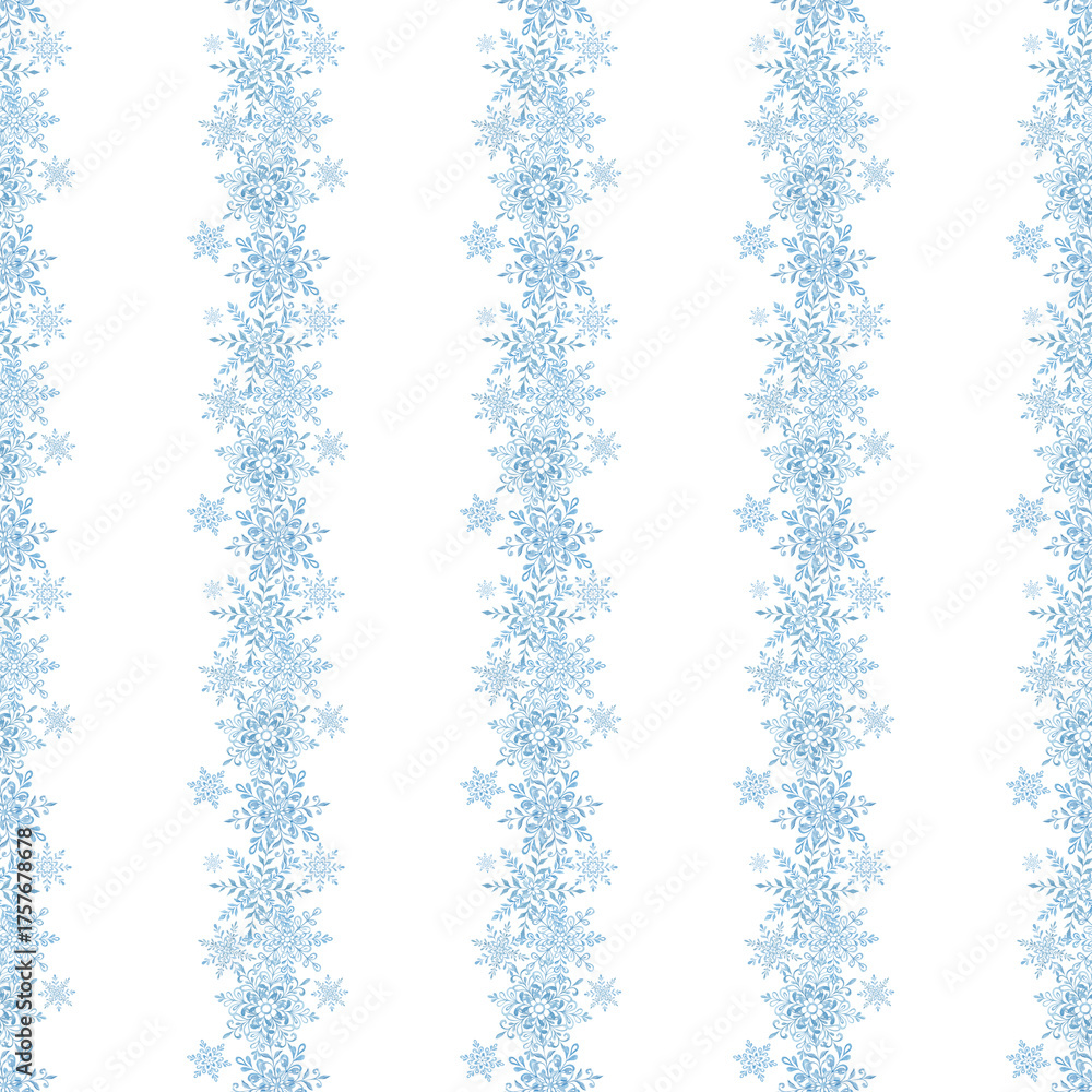 Fototapeta premium Watercolor painted snowflakes. Texture, frost. Set of watercolor snowflakes. Patterns. Print for fabric. Set of frames, border. Blue snow compositions. Winter, holidays. Christmas.