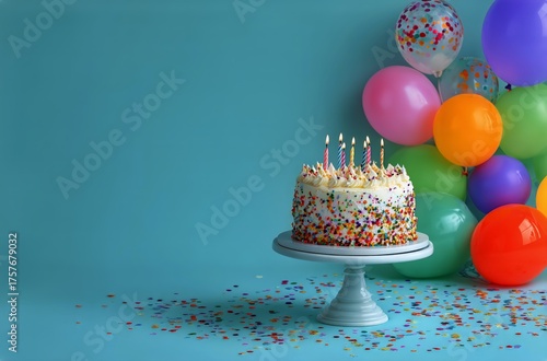 Colorful Birthday Cake With Candles and Balloons for a Joyful Celebration