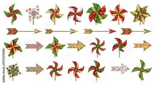 Vector art of collection of colorful pinwheels and arrows