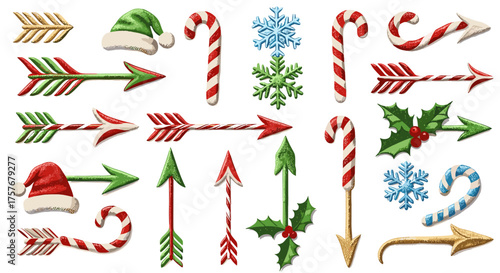 Vector art of christmas arrows, candy canes, snowflakes, and holly