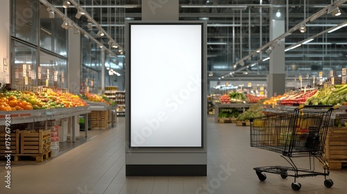 Empty Advertising Display in a Grocery Store With Fresh Produce on Shelves an...