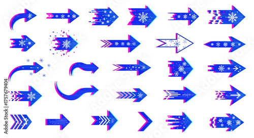 Vector art of collection of blue and purple arrows with glitch effect