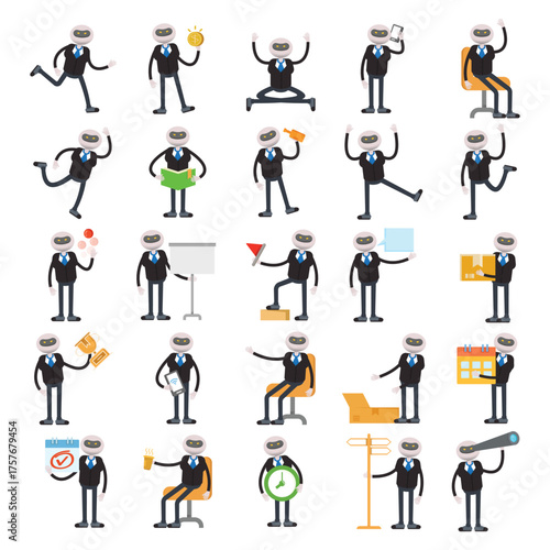 robot worker characters in various poses set vector illustration