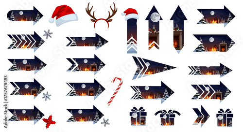 Vector art of collection of christmas arrows and icons with winter landscape