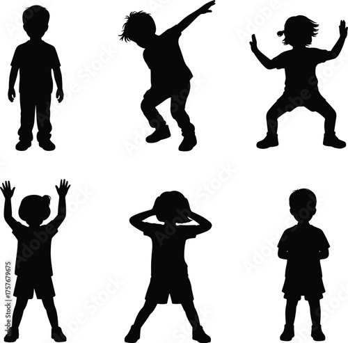 Children silhouettes, expressive poses, black vector, body language, playful movement, gesture study, child development, minimal, artistic, design