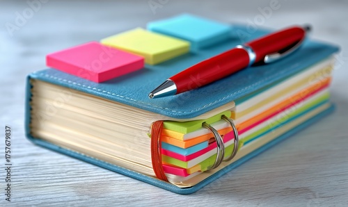 Brightly Colored Sticky Notes Surround a Blue Notebook and Red Pen on a Grey ...