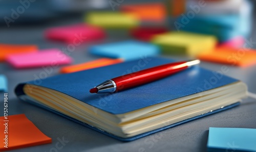 Brightly Colored Sticky Notes Surround a Blue Notebook and Red Pen on a Grey ...