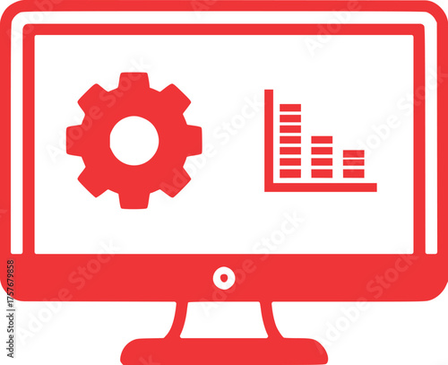 Computer monitor displaying cogwheel and bar chart for data analysis and system optimization