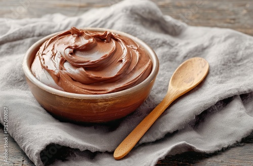 Creamy Chocolate Spread in Bowl on Gray Cloth With Wooden Spoon