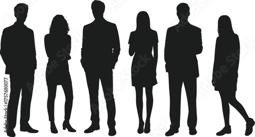 Business silhouettes, professional attire, diverse team, corporate fashion, standing pose, formal wear, office people, career concept, workplace diversity, leadership