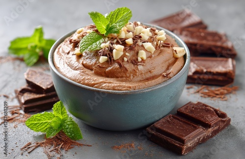 Delicious Chocolate Mousse Topped With Mint and Nuts in a Blue Bowl With Choc...
