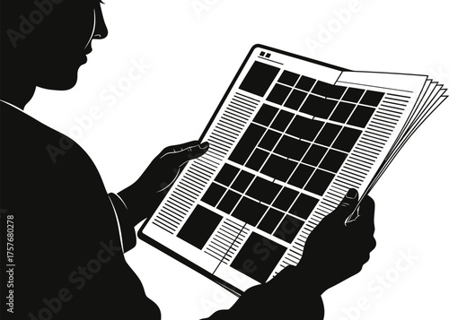 Silhouette of a person holding and reading an open newspaper with a grid layout of articles and images