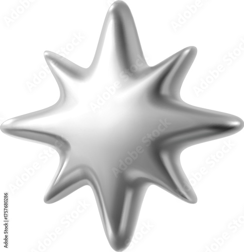Silver 3d star or spark realistic metallic shape. Shiny metal realistic element, chrome metallic balloon or 3d isolated vector form. Silver star or spark render shape, glossy gradient figure