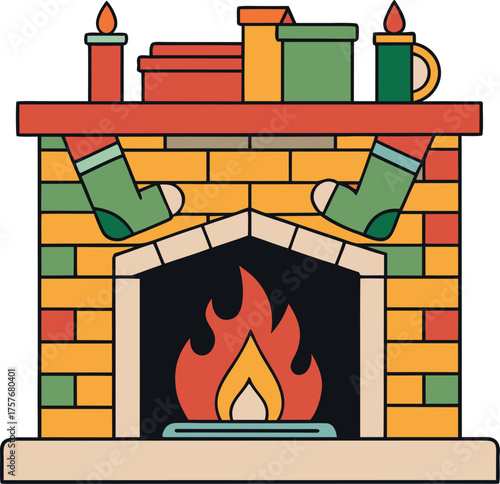 Christmas fireplace with stockings and gifts isolated on transparent background
