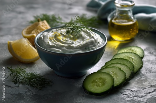 Creamy Yogurt Dip With Fresh Herbs and Vegetables on a Textured Surface in Ki...