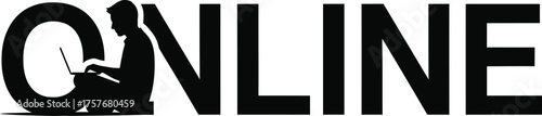 Silhouette of a person sitting cross legged using a laptop integrated into the letter o of the word online