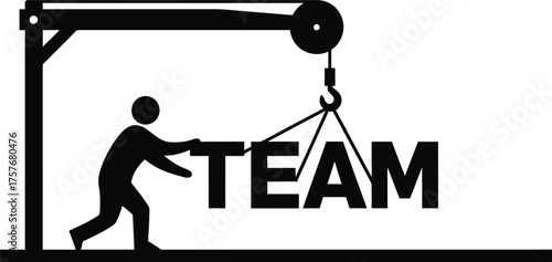 Silhouette of a person using a crane to lift and assemble the word team for collaboration and unity