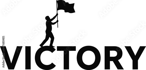 Silhouette of a person standing on the word victory holding a flag high up in the air