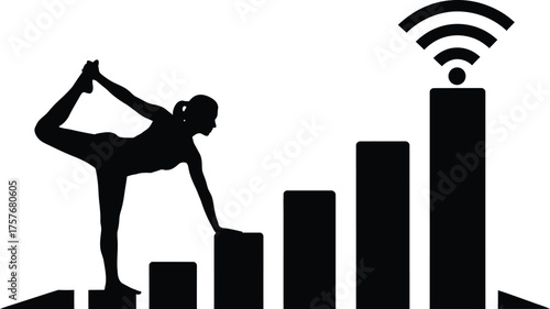 Silhouette of a woman in a yoga pose on a rising bar graph with a wifi signal icon at the peak