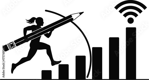 Silhouette of a woman pole vaulting with a pencil over a rising bar graph towards a wifi signal
