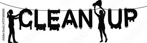 Silhouettes of people hanging letters that spell out clean up on a clothesline