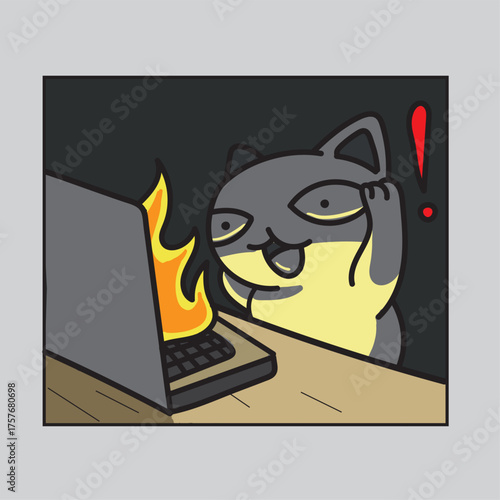 Scared cat, computer on fire, meme illustration