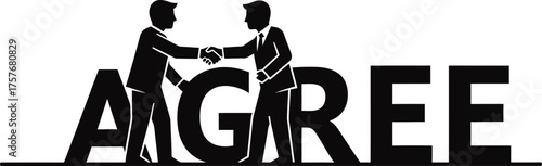Two businessmen in silhouette shaking hands over the word agree symbolizing a successful business deal and partnership agreement