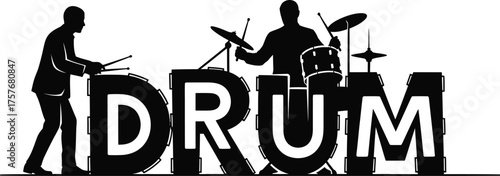 Two silhouetted drummers performing with drum set integrated into bold lettering of the word drum