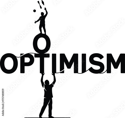 Two silhouettes illustrate the concept of optimism by juggling and holding up the word optimism