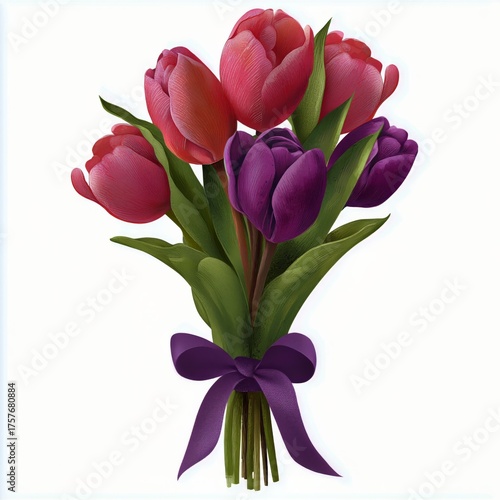 Colorful Bouquet of Tulips Tied With a Purple Ribbon for Spring Celebrations