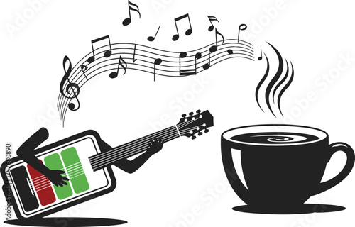 A battery powered guitar plays music for a steaming cup of coffee on a white background