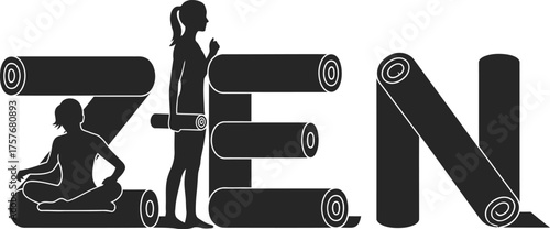 Zen word formed by yoga mats with silhouettes of people practicing yoga and meditation