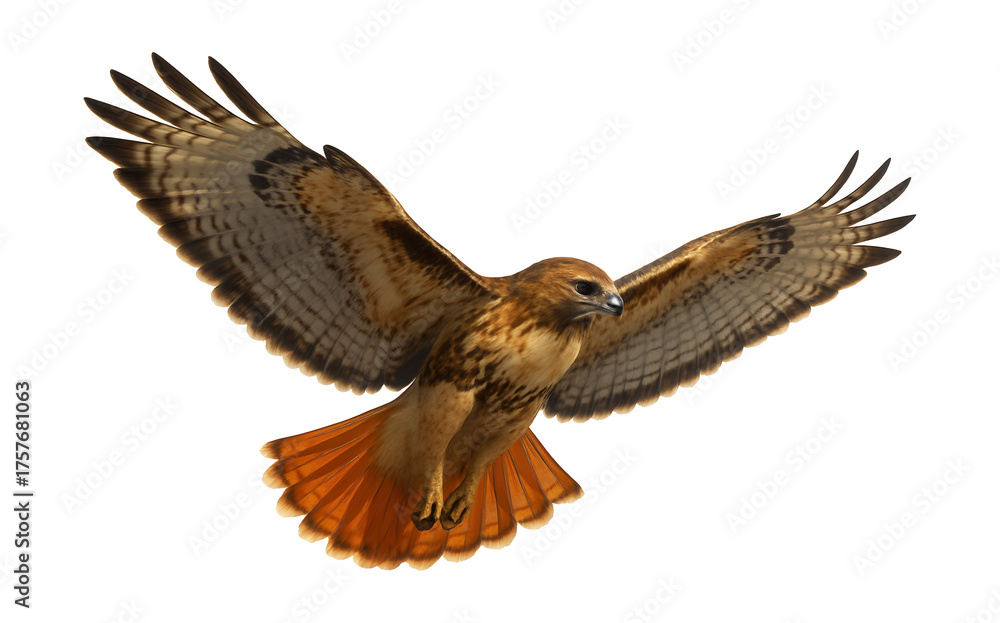 Fototapeta premium Red-tailed hawk featuring wide, rounded wings and reddish-brown tail feathers.