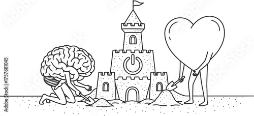 Brain and heart characters building a sandcastle together representing balance and collaboration