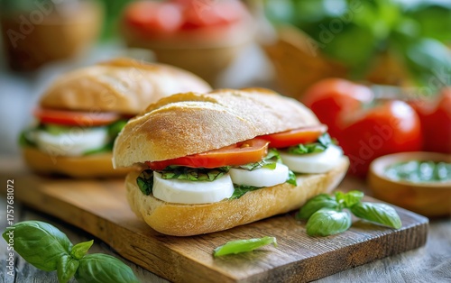 Fresh Caprese Sandwich With Tomatoes, Mozzarella, and Basil on Wooden Board i...