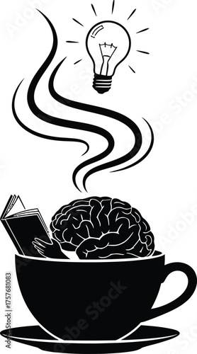 Brain with open book in coffee cup generating a lightbulb idea with swirling steam on white background